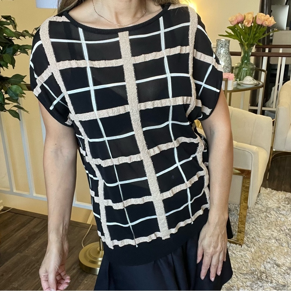 Georgio Grati Sleeveless Checkered Boat Neck Knit Top Slightly Sheer Size M